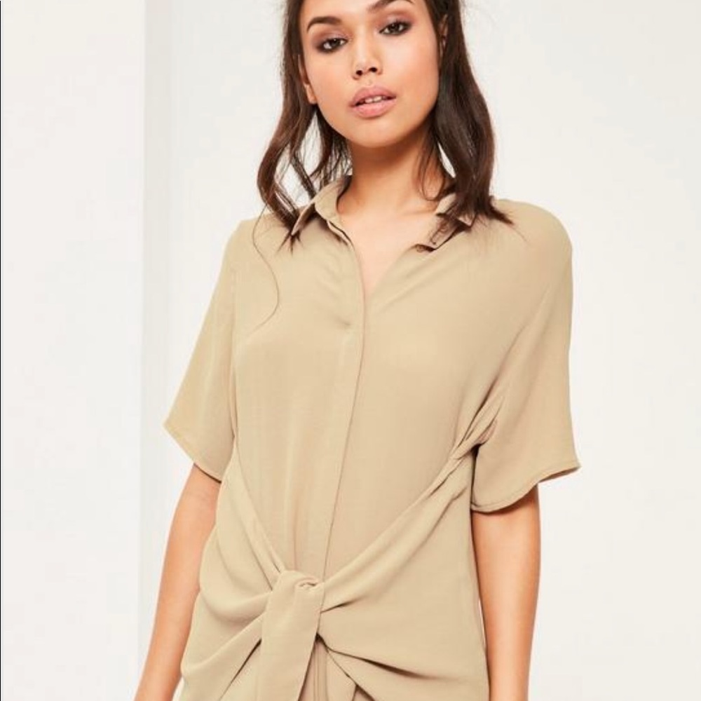 Nude tie front shirt dress